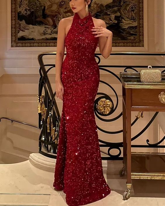 Mermaid Burgundy Halter Sequin Prom Dress, Sequin Evening Dress