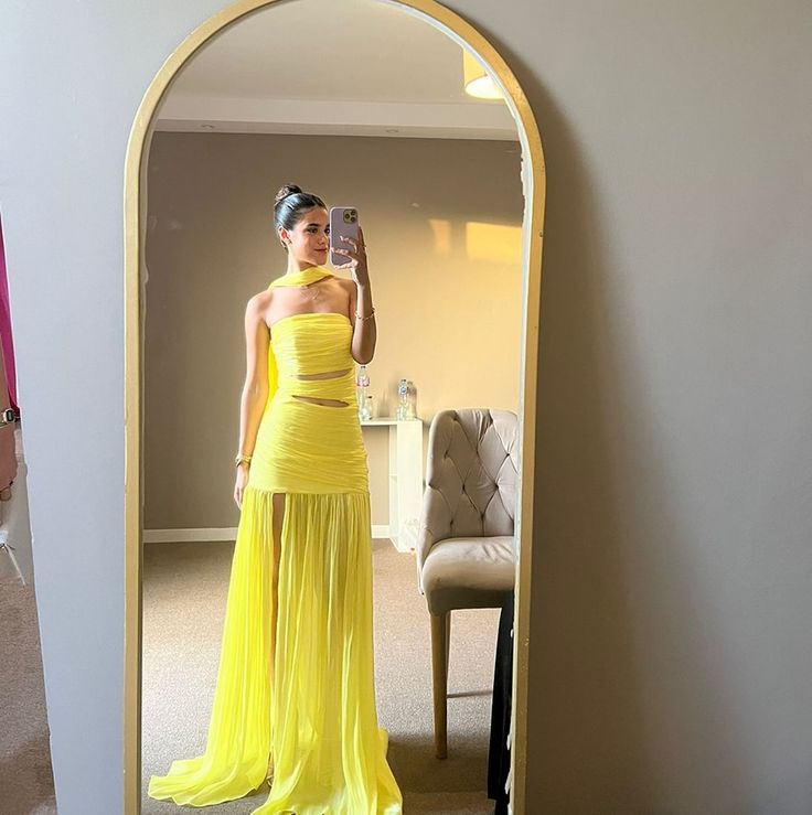 Strapless Yellow A Line Long Prom Dress Formal Party Gown