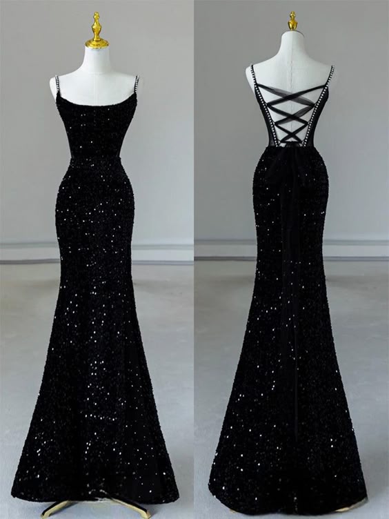 Simple Mermaid Sequin Black Long Prom Dress, Black Evening Dress