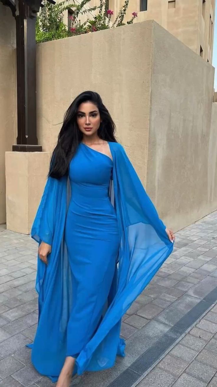 Vintage Long Blue Chiffon Evening Dress Sheath Muslim Floor Length Prom Dress
