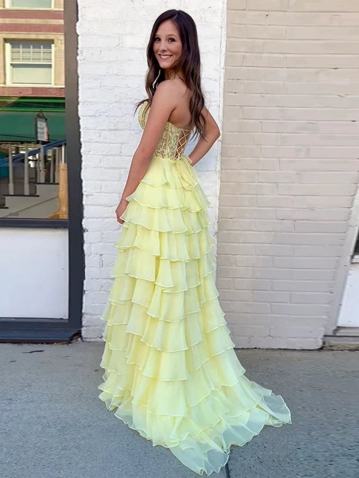 Strapless Layered Yellow Lace Top Long Prom Dresses, Long Yellow Formal Dresses, Yellow Chiffon Evening Dresses