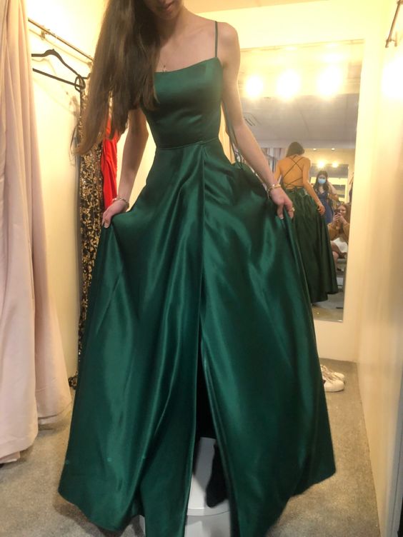 simple green satin prom dresses, formal party dress long