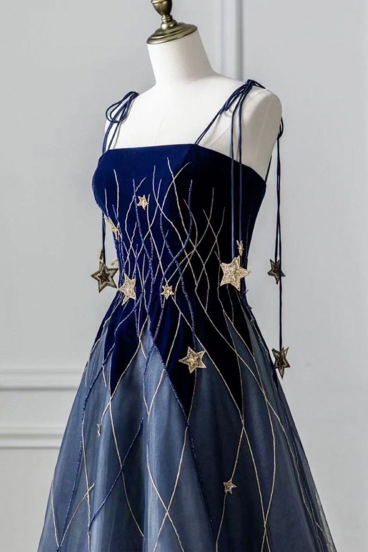 Spaghetti Strap Long Prom Dress with Star, Evening Party Dress
