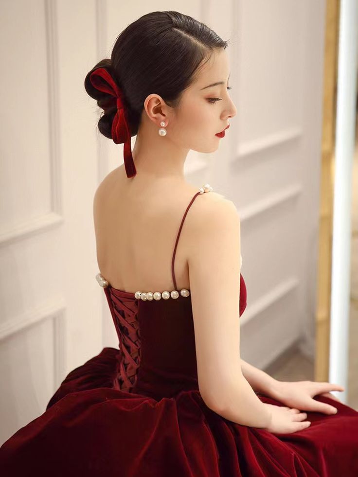 Spaghetti strap evening dress,red party dress,velvet prom dress