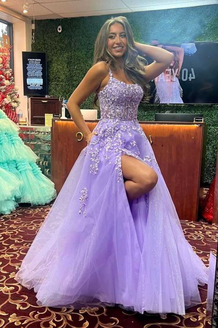 Shiny Purple Lace Long Prom Dress with High Slit, Purple Lace Formal Dress, Purple Evening Dress