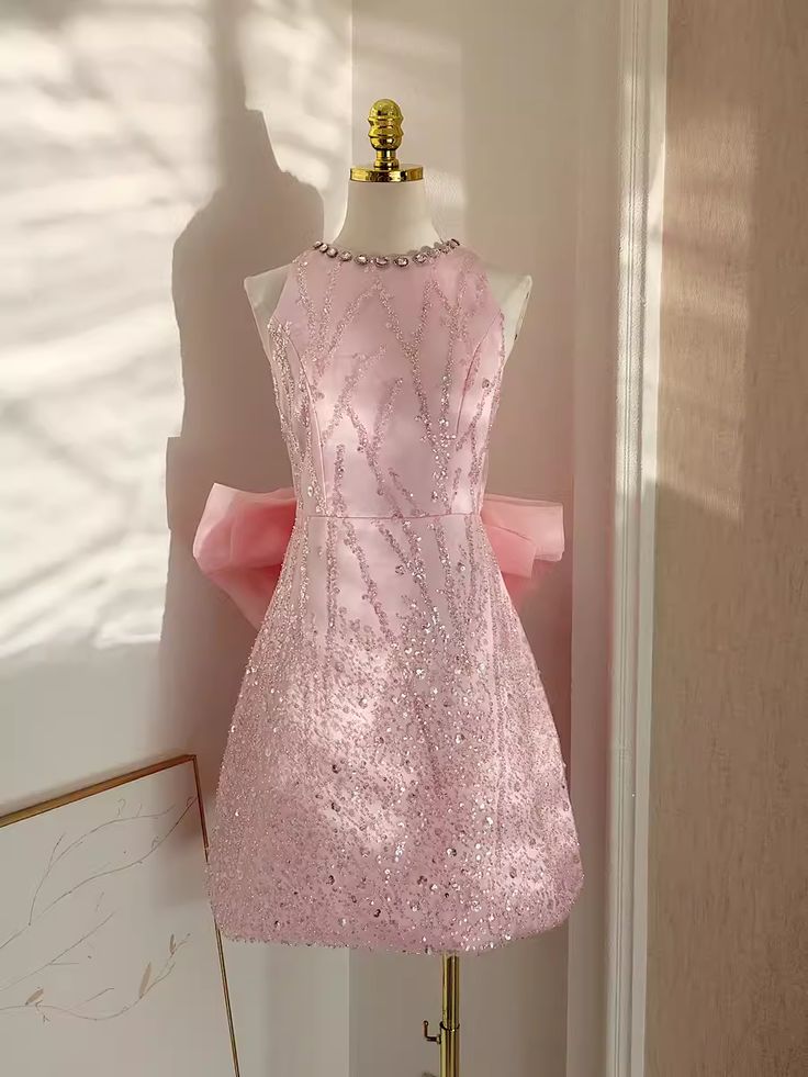 Sexy A line Scoop Pink Sequin Travel Vacation Dress Short Birthday Dress
