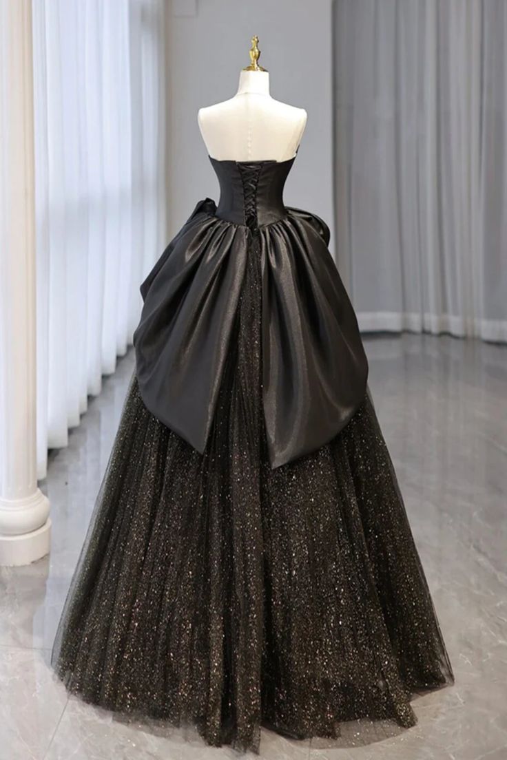 Shiny Black Tulle Strapless Long Prom Dresses, Black Tulle Formal Evening Dresses