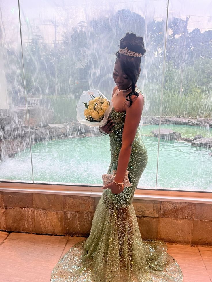 Green Mermaid Black Girl Long Evening Party Dress