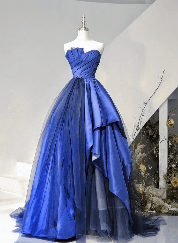 Blue Satin And Tulle Long Party Dress Prom Dress, Blue Evening Dress