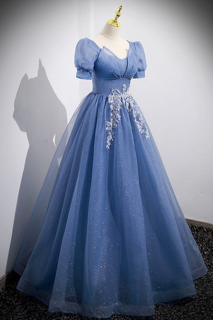 Tulle Lace Floor Length Prom Dress, Short Sleeve Evening Dress