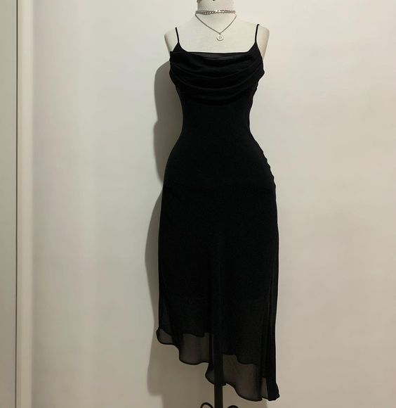Black Chiffon Midi-length Prom Dress,Black Party Dress
