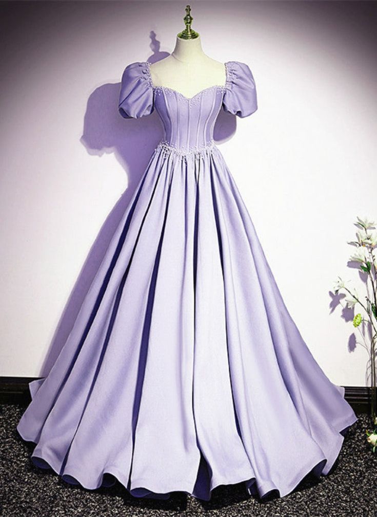 Satin Short Sleeves Beaded Party Dress, A-line Long Prom Dress