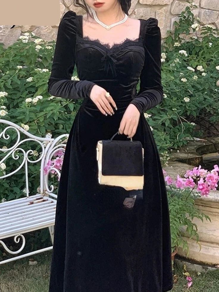 Vintage Balck Long Sleeve Dress Woman Elegant Fashion Velvet Midi Dress