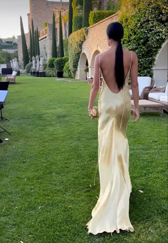 Yellow satin backless long prom evening dresses