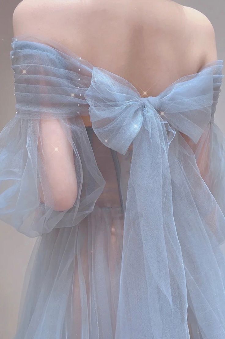 Blue Tulle Long Prom Dress, Beautiful Long Sleeve Tulle Evening Dress