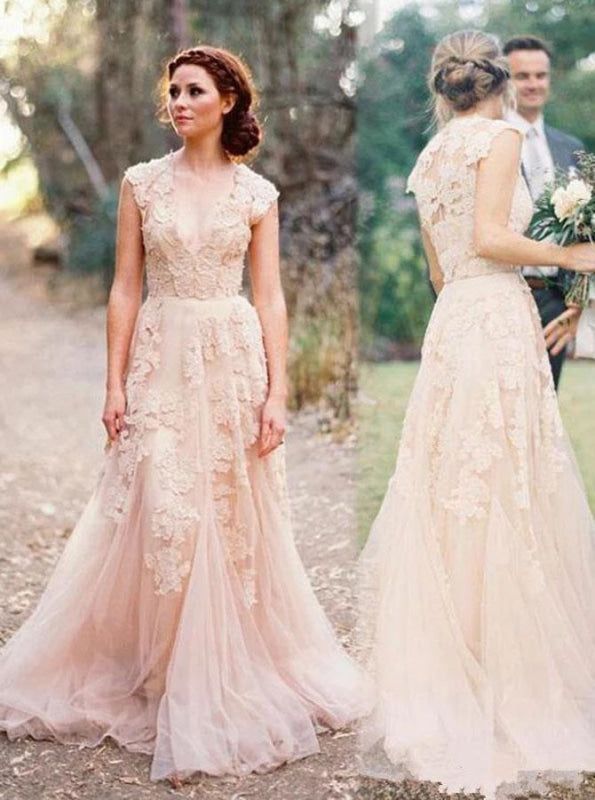 Elegant V-neck Sleeveless Cap Sleeves Floor-Length Wedding Dress