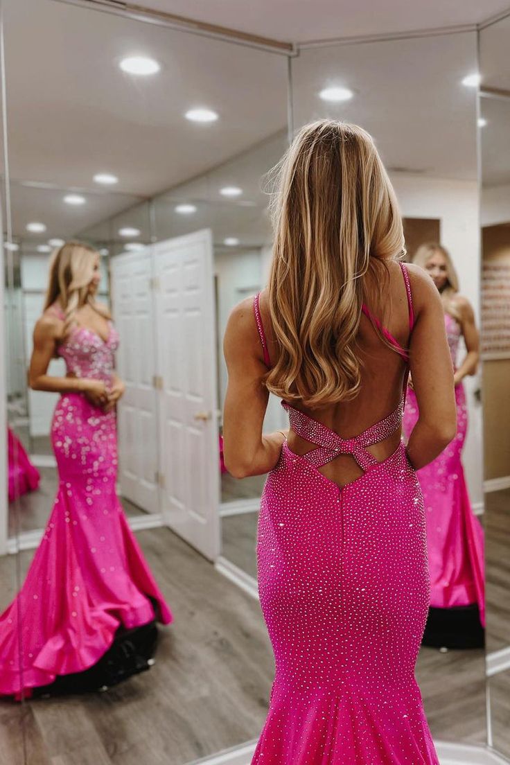 Hot Pink V Neck Satin Mermaid Long Prom Dresses with Beaded