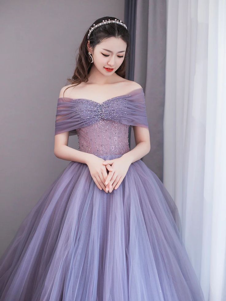 Purple A-Line Off Shoulder Tulle Beading Long Prom Dress
