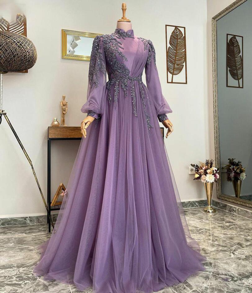 A-line Purple Muslim Evening Dresses