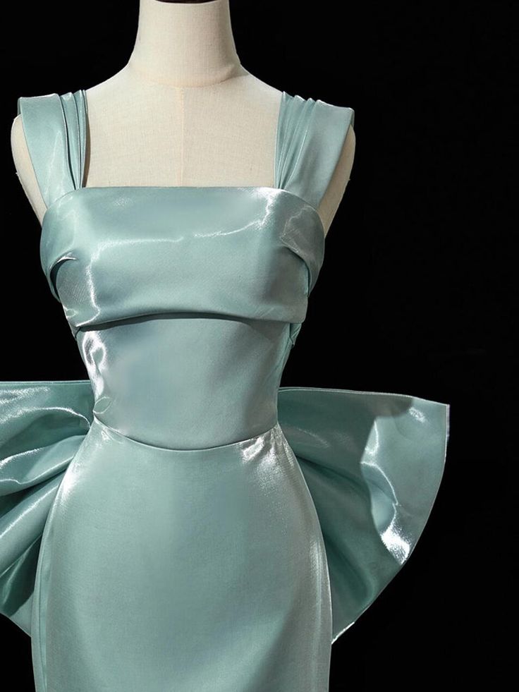 Simple Satin Bow Tie Green Long Prom Dress, Green Long Formal Dress