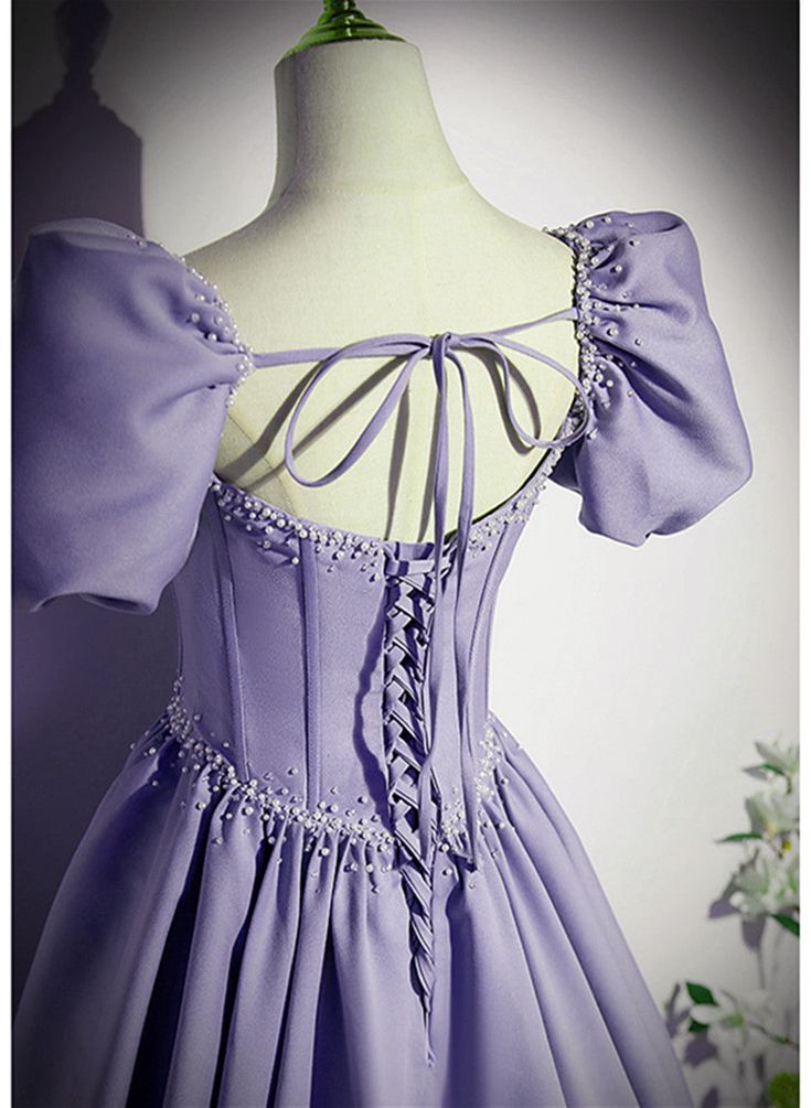 Satin Short Sleeves Beaded Party Dress, A-line Long Prom Dress