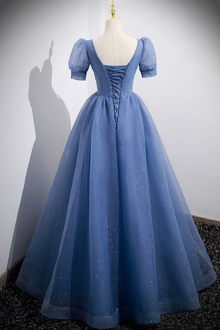 Tulle Lace Floor Length Prom Dress, Short Sleeve Evening Dress