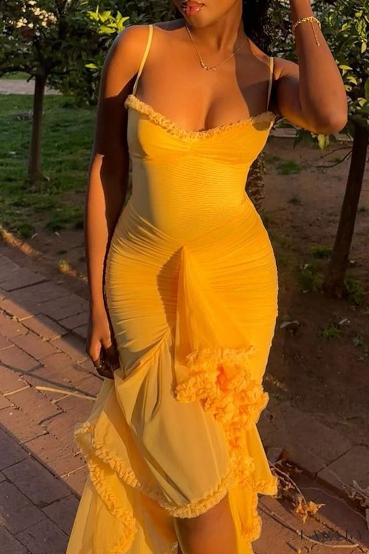 Romantic Ruffle Ruched High Low Maxi Dress Charming Evening Party Dress
