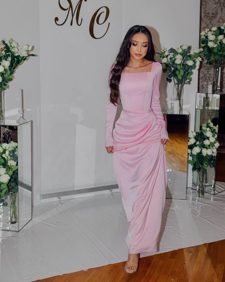 Classy Pink Square Neckline Evening Dress with Long Sleeves