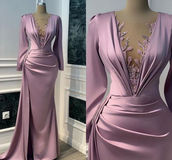Vintage Prom Dresses Long Sleeve Illusion V-neck Mermaid Evening Dress Floor Length Saudi Arabia Cocktail Party Gowns