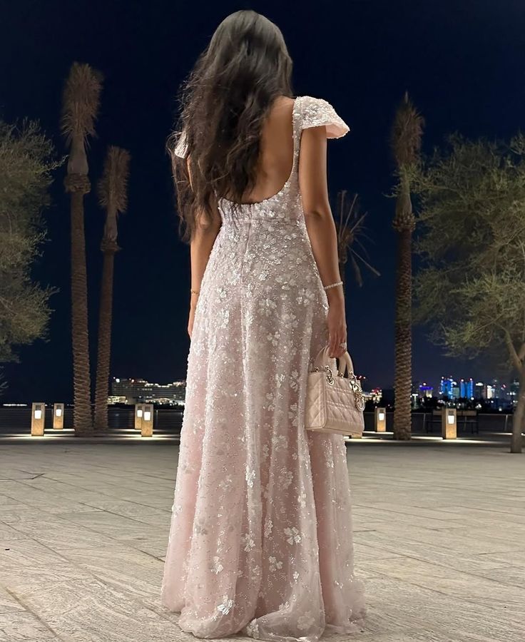 Pink Cap Sleeves Elegant Long Evening Dress Prom Dresses