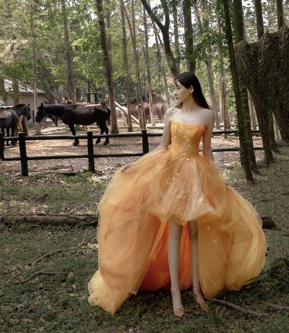 ORANGE TULLE LACE HIGH LOW PROM DRESS EVENING DRESS