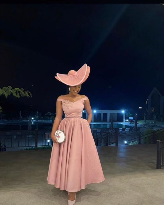 Pink Prom Dress, A-Line Off Shoulder Evening Dress