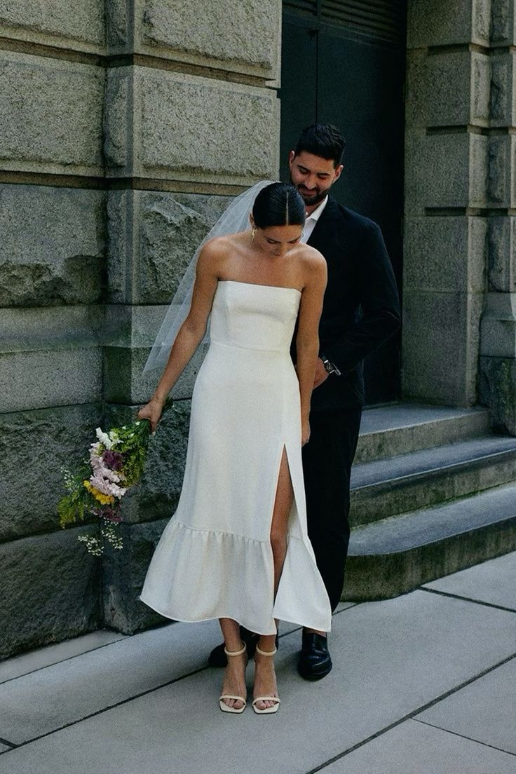 Simple Strapless Sleeveless Satin Sheath Midi Wedding Dress With Slit