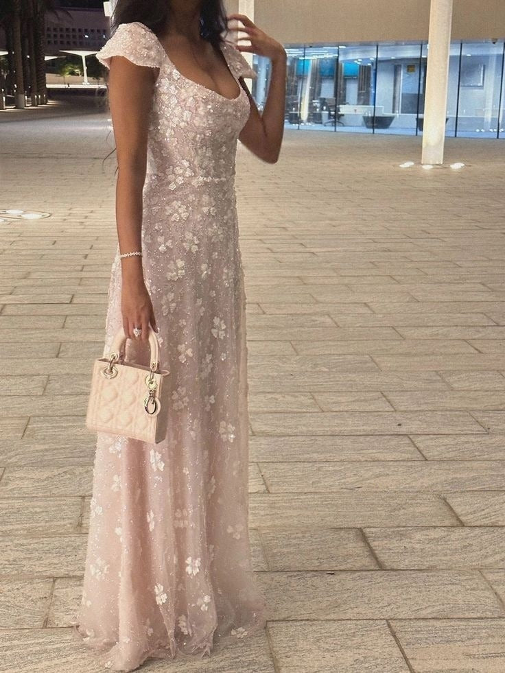Pink Cap Sleeves Elegant Long Evening Dress Prom Dresses