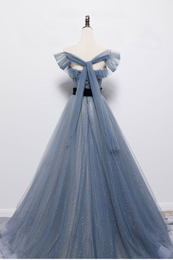 Blue off the shoulder tulle long prom dress , sparkling formal dress