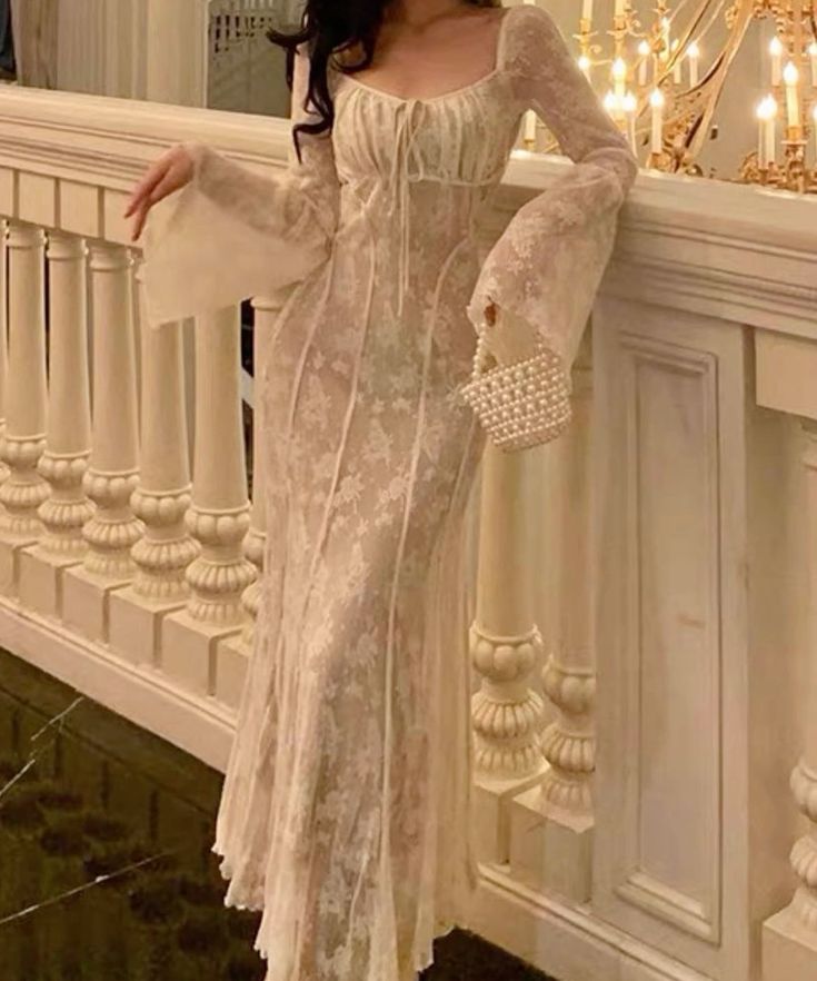 Women's A-line Lace Long Simple Dress, Sexy Elegant Vintage Evening Dress