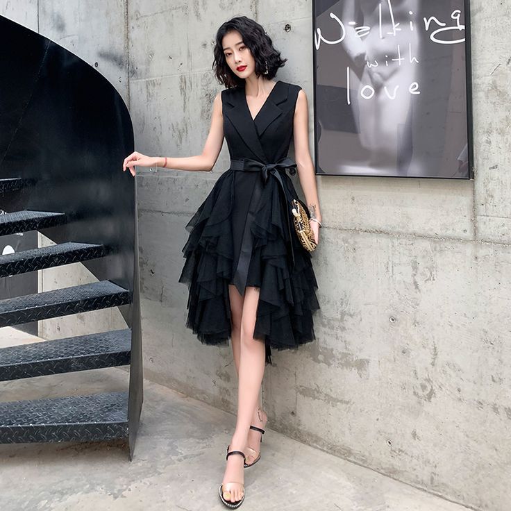 Black v neck short prom dress, evening dress