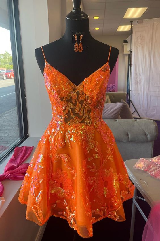 A-line V Neck Straps Sequins-Embroidered Homecoming Dress