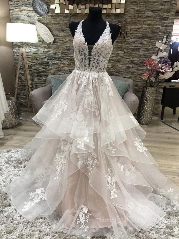 v neck tulle lace long prom dress, evening dress