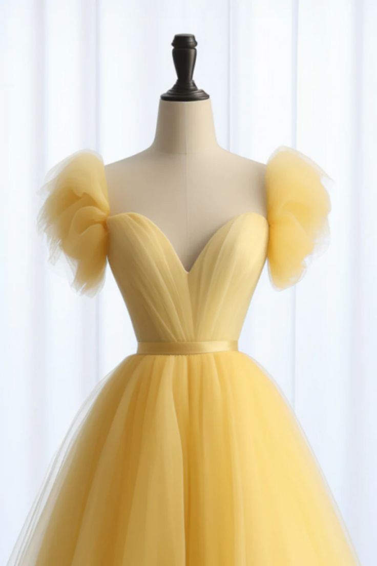 A Line Sweetheart Neck Tulle Yellow Long Prom Dress, Yellow Long Formal Dress