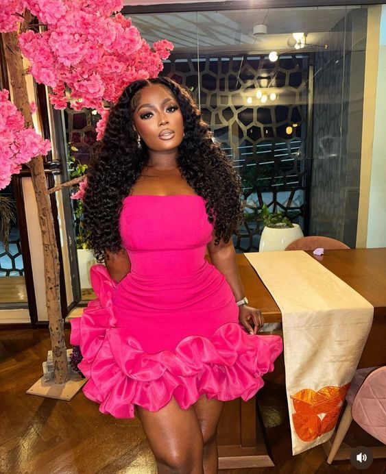 strapless cocktail dresses for girls short prom dresses,ruffle bottom african mini dress,birthday party dress,hot pink little dress
