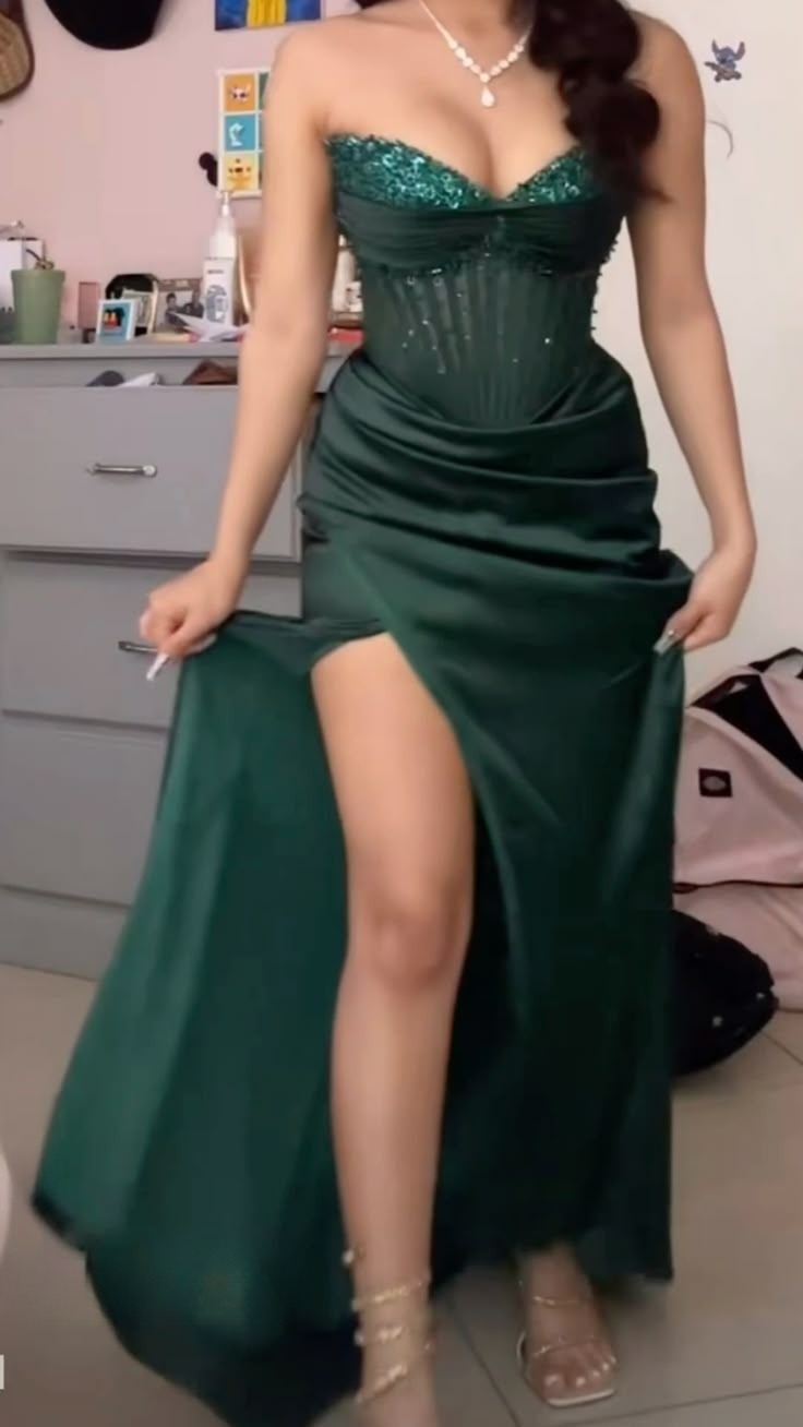 Green Strapless Prom Dress Long Formal Evening Dress