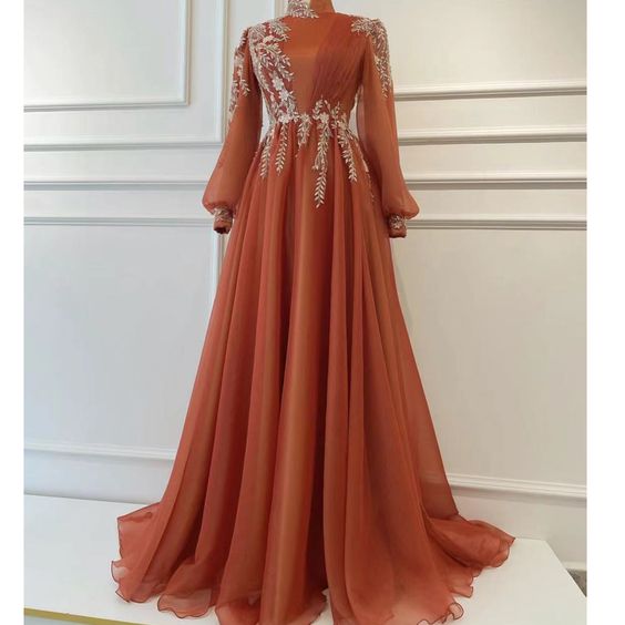 Long Sleeve Prom Dresses, High Neck Prom Dresses, Appliques Evening Dresses, A Line Prom Dresses
