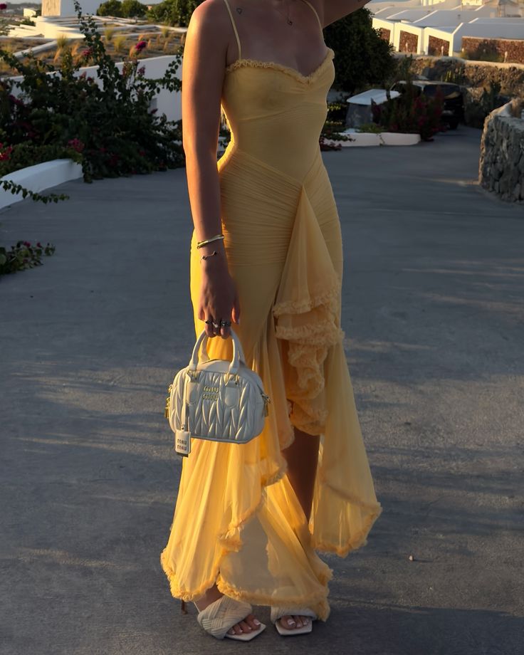 Romantic Ruffle Ruched High Low Maxi Dress Charming Evening Party Dress