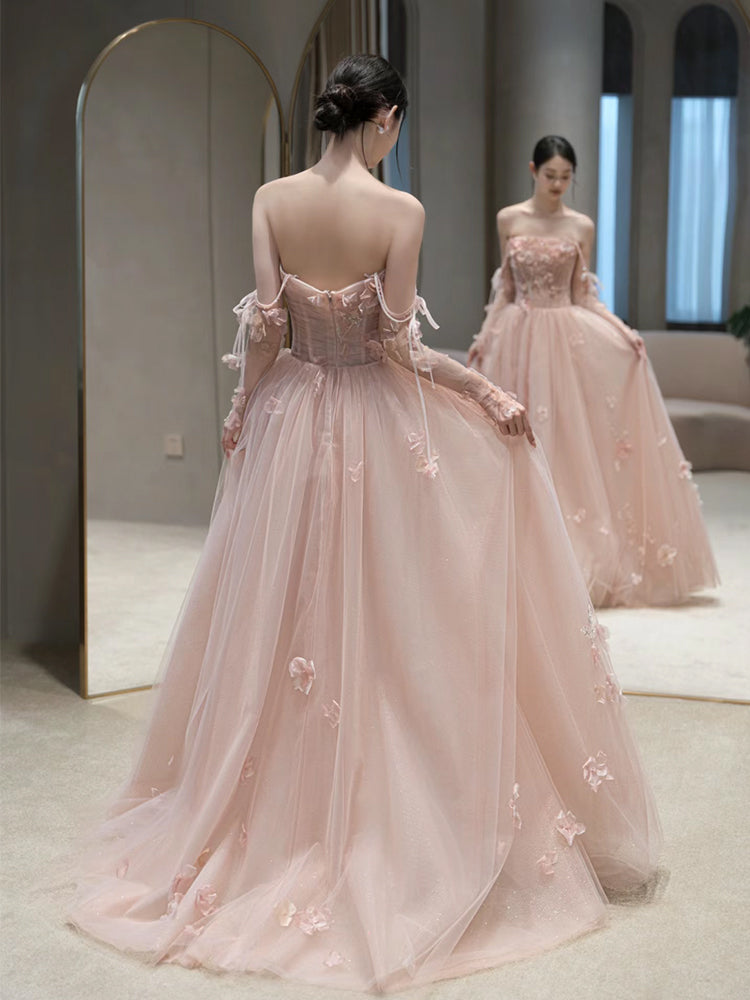 A Line Pink Long Formal Dress Tulle Evening Dresses