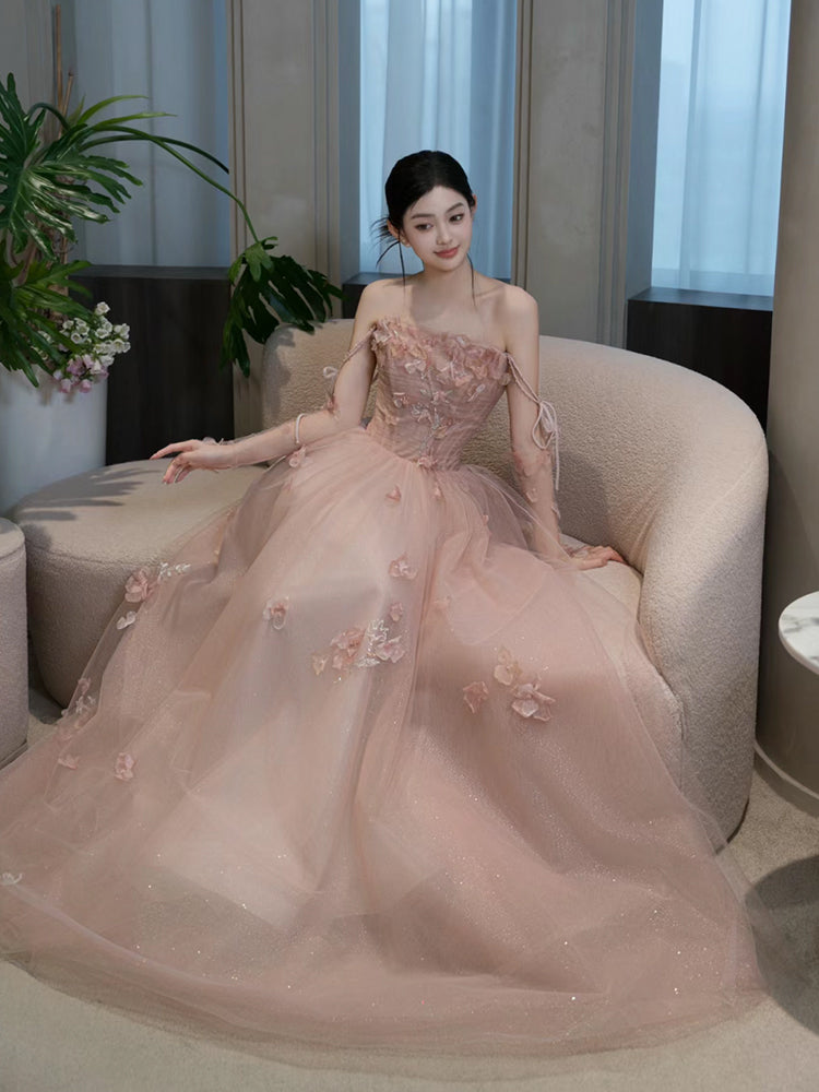 A Line Pink Long Formal Dress Tulle Evening Dresses