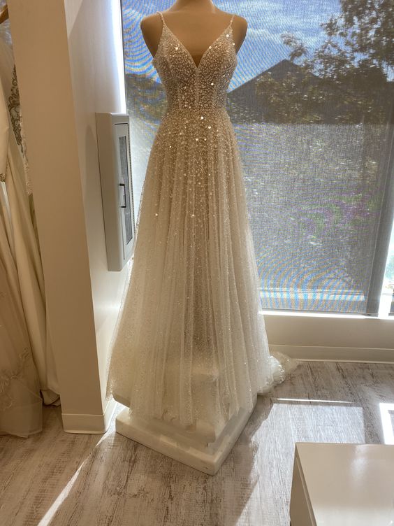 Shiny A-line V Neck Prom Dress Formal Gown
