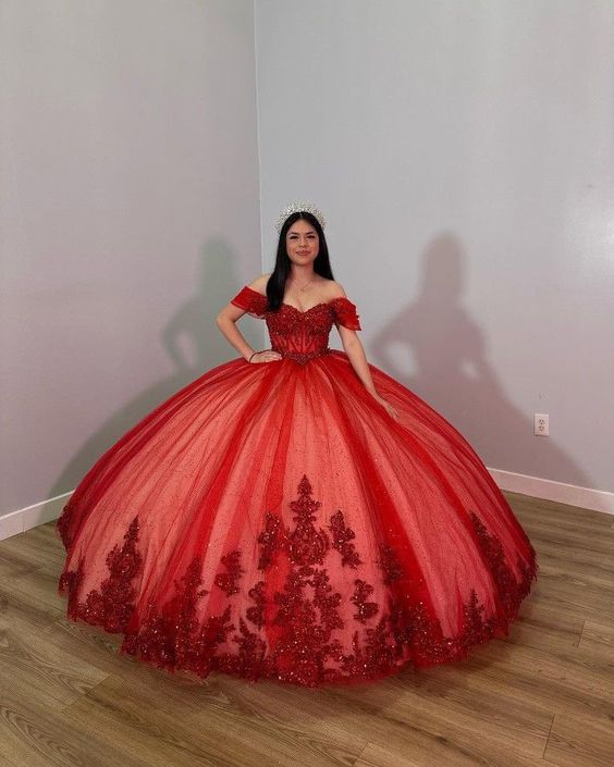 Red Off The Shoulder Ball Gown,Red Sweet 16 Dress,Princess Dress