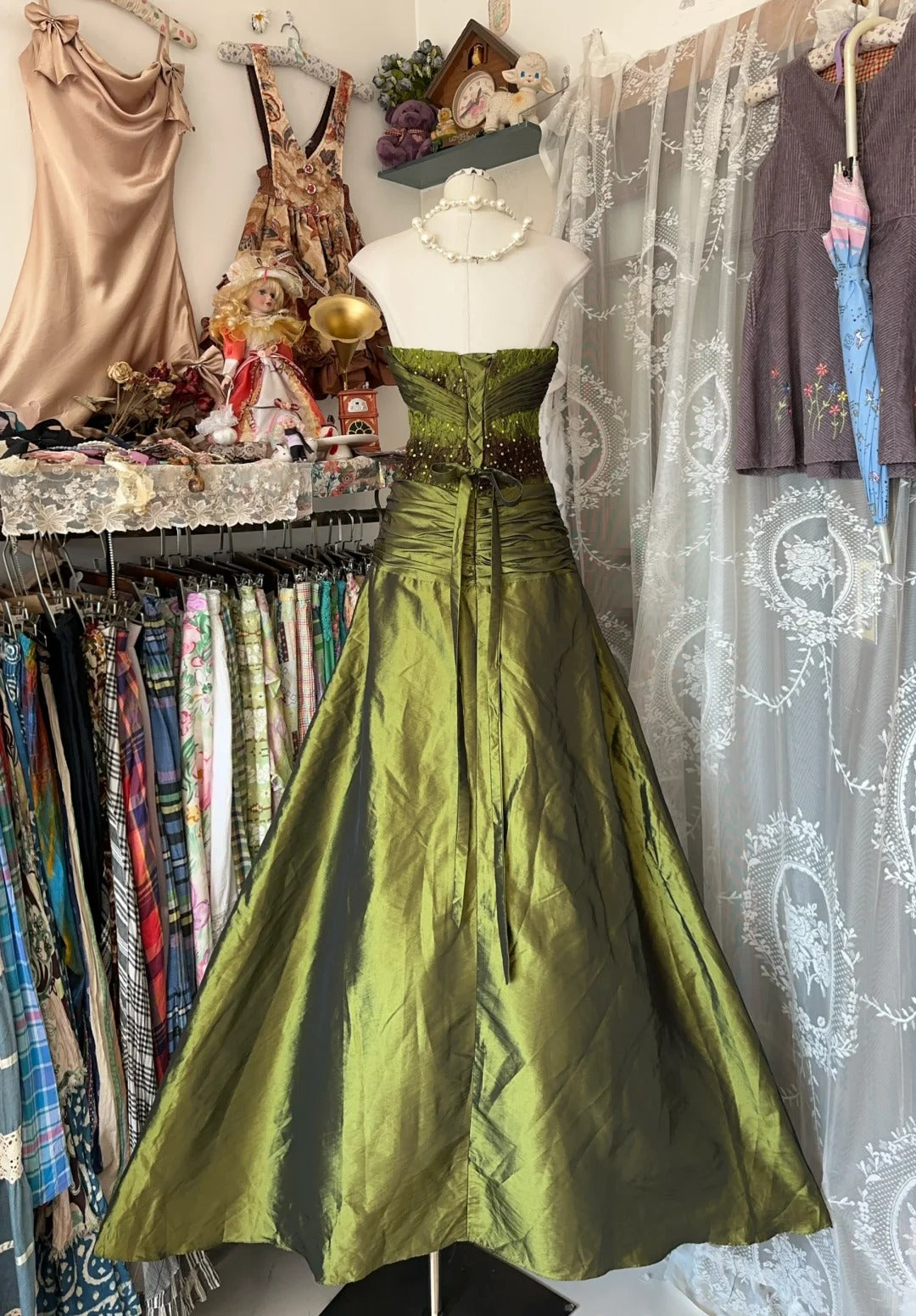 A Line Green Strapless Vintage Prom Dress Long Evening Dress