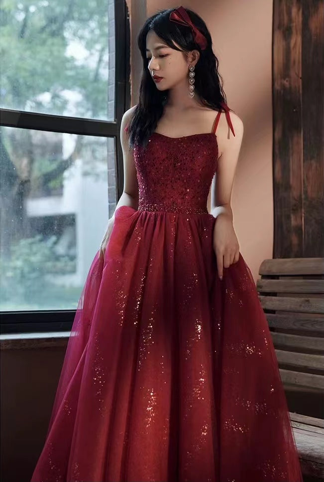 Spaghetti Strap Evening Dress ,dark red Birthday Dress, Sweet Party Dress,custom Made